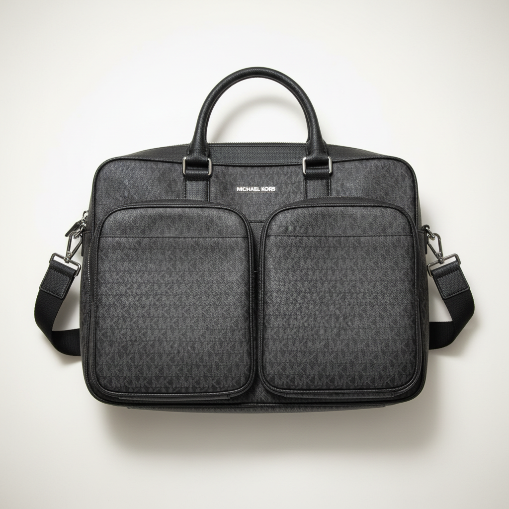 Michael Kors Men's Cooper Utility Briefcase Black Signature Logo Laptop Bag.